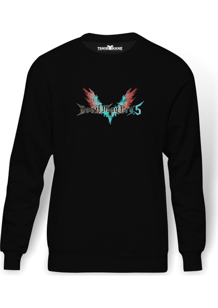 Devil May Cry 5 Logo Baskılı Siyah Erkek Örme Sweatshirt Uzun kol