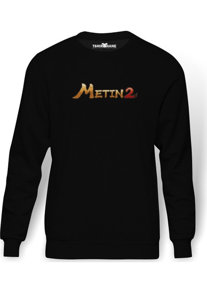 Metin2 Logo Baskılı Siyah Erkek Örme Sweatshirt Uzun kol