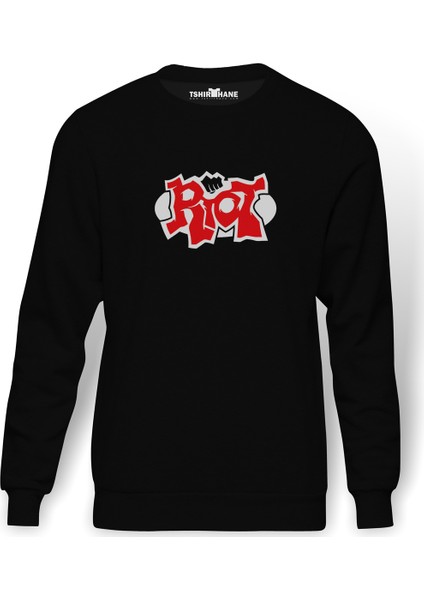 Riot Logo Baskılı Siyah Erkek Örme Sweatshirt Uzun kol