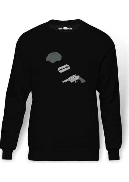 Peaky Blinders Hat & Razor Blade & Gun Baskılı Siyah Erkek Örme Sweatshirt Uzun kol