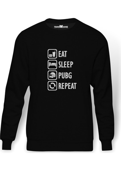 Pubg Eat Sleep Pubg Repeat Baskılı Siyah Erkek Örme Sweatshirt Uzun kol