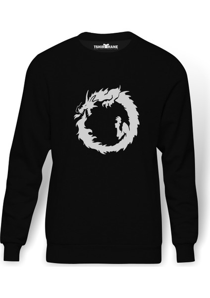 Silhouette Dragon Bearded Baskılı Siyah Erkek Örme Sweatshirt Uzun kol