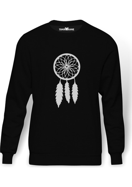 Silhouette Dreamcatcher Baskılı Siyah Erkek Örme Sweatshirt Uzun kol