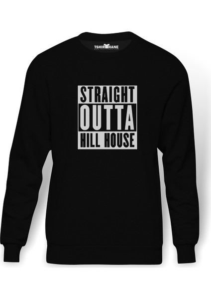 The Haunting Of Hill House Straight Outta Hill House Baskılı Siyah Erkek Örme Sweatshirt Uzun kol