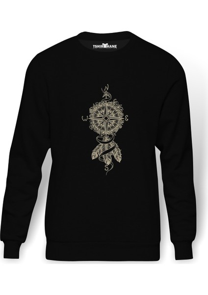 Dreamcatcher Pusula Baskılı Siyah Erkek Örme Sweatshirt Uzun kol