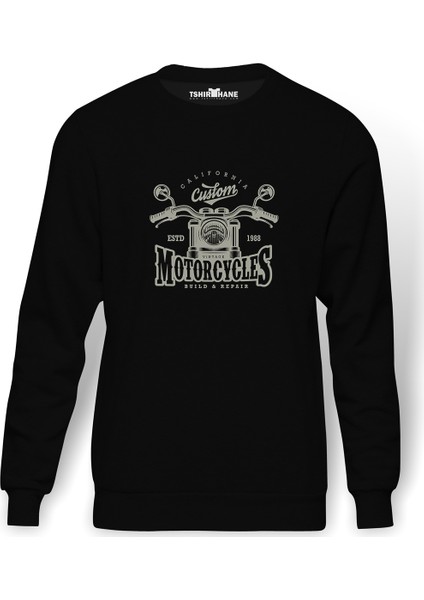 American Costum Build & Repair Baskılı Siyah Erkek Örme Sweatshirt Uzun kol