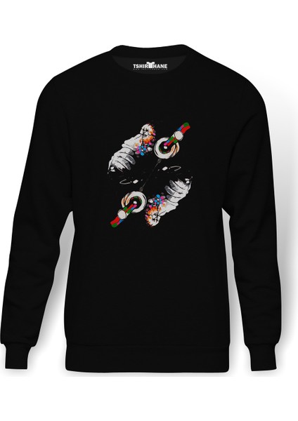Dj Monkey Baskılı Siyah Erkek Örme Sweatshirt Uzun kol