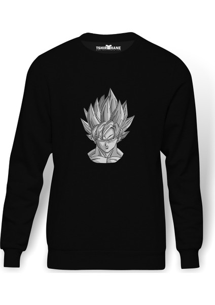 Dragon Ball Baskılı Siyah Erkek Örme Sweatshirt Uzun kol