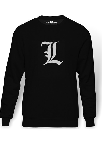 L Deadnote Baskılı Siyah Erkek Örme Sweatshirt Uzun kol
