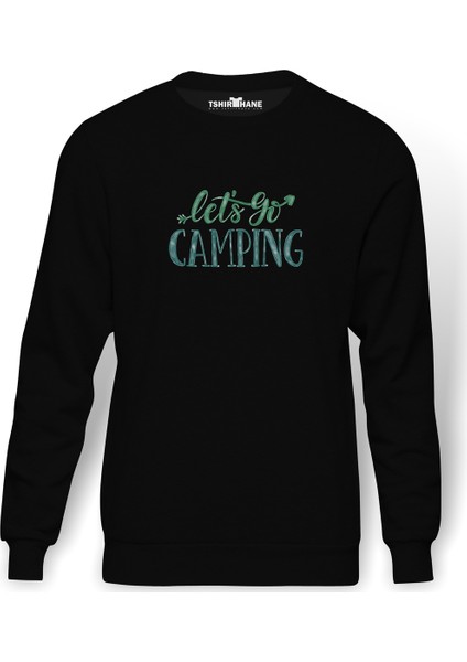 Lets Go Camping Tipografi Baskılı Siyah Erkek Örme Sweatshirt Uzun kol
