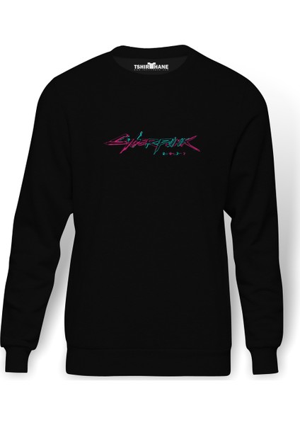 Cyberpunk Baskılı Siyah Erkek Örme Sweatshirt Uzun kol