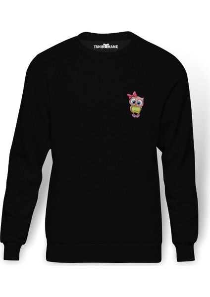 Baykuş Sevimli Baykuş Yeşil Ve Beyaz Gömlekli Göğüs Baskılı Siyah Erkek Örme Sweatshirt Uzun kol