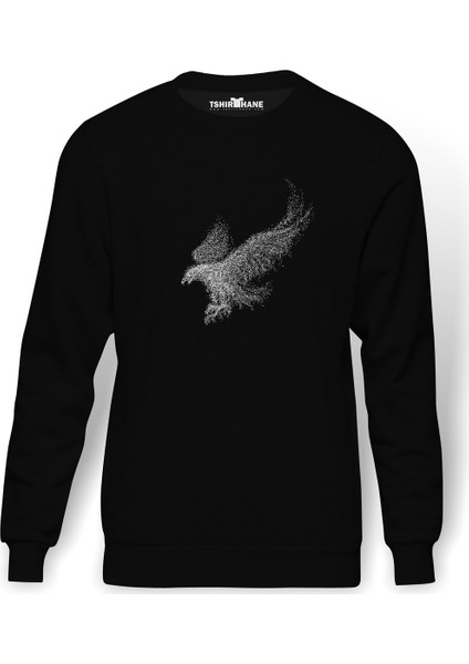 Kel Kartal Kuşu Kanatları Parçacıklar Baskılı Siyah Erkek Örme Sweatshirt Uzun kol