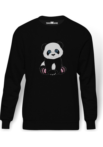 Panda Baskılı Siyah Erkek Örme Sweatshirt Uzun kol