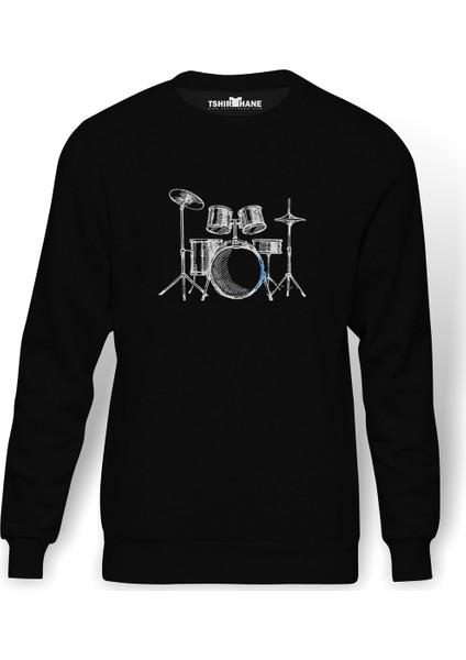 Bateri Drum Watercolor Baskılı Siyah Erkek Örme Sweatshirt Uzun kol