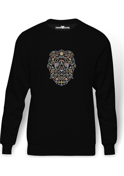 Aslan Colours Floral Baskılı Siyah Erkek Örme Sweatshirt Uzun kol