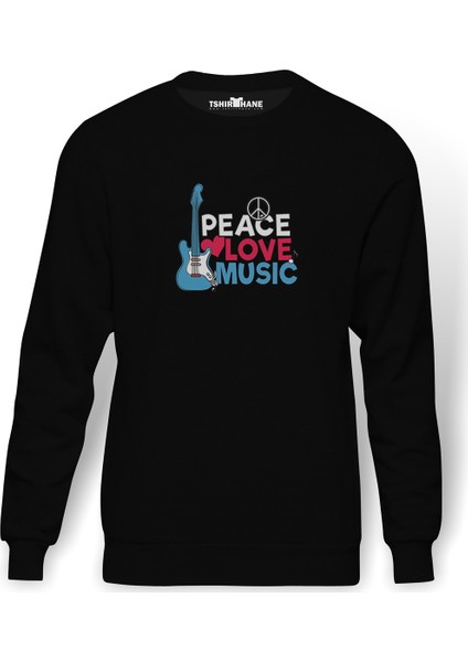 Peace Love Music Baskılı Siyah Erkek Örme Sweatshirt Uzun kol