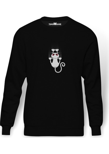 Cat ClipartCat Scratching Claws Vector Cat Baskılı Siyah Erkek Örme Sweatshirt Uzun kol