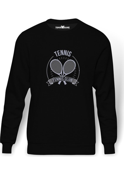 92076074 Tennis Spor Baskılı Siyah Erkek Örme Sweatshirt Uzun kol