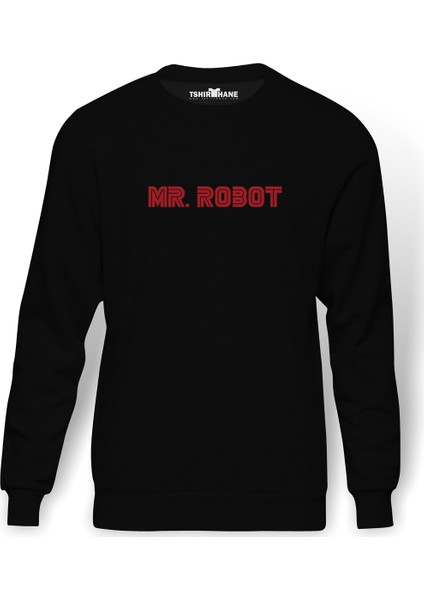 Mr Robot Baskılı Siyah Erkek Örme Sweatshirt Uzun kol
