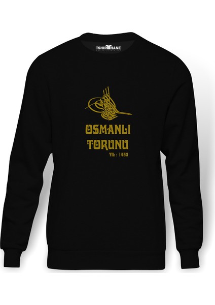 OSMANLI TORUNU TUGRA 1453 Baskılı Siyah Erkek Örme Sweatshirt Uzun kol