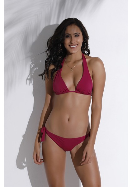 Kadın Vişne Boyundan Bağlı Üçgen Bikini Takımı