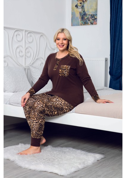 Bisiklet Yaka Leopar Desenli Uzun Kollu Büyük Beden Xxxl Pijama Takımı Alt Üst Takım 16120 XXXL