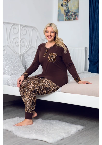 Myben Bisiklet Yaka Leopar Desenli Uzun Kollu Büyük Beden Xxxl Pijama Takımı Alt Üst Takım 16120 XXXL