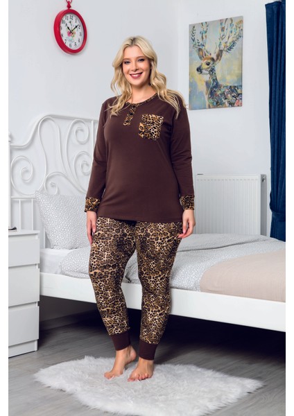 Bisiklet Yaka Leopar Desenli Uzun Kollu Büyük Beden Xxxl Pijama Takımı Alt Üst Takım 16120 XXXL