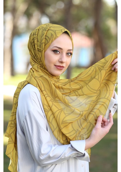 Stella Yaprak Desen Baskılı Hardal Rengi Şal 70X180CM