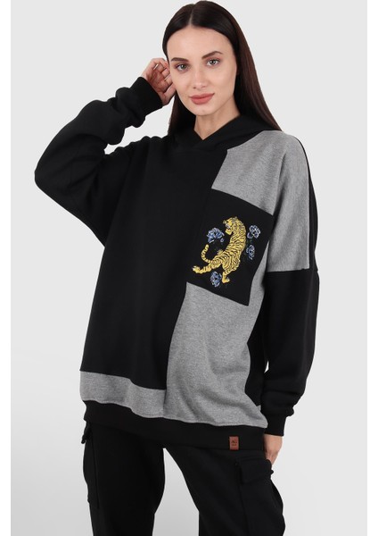 Oversize Renk Bloklu Kapüşonlu Sweatshirt (E20-152703)