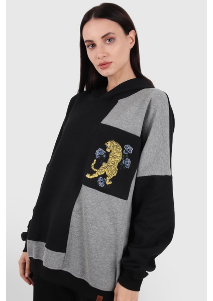 Oversize Renk Bloklu Kapüşonlu Sweatshirt (E20-152703)