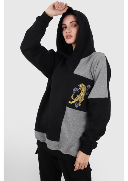 Oversize Renk Bloklu Kapüşonlu Sweatshirt (E20-152703)