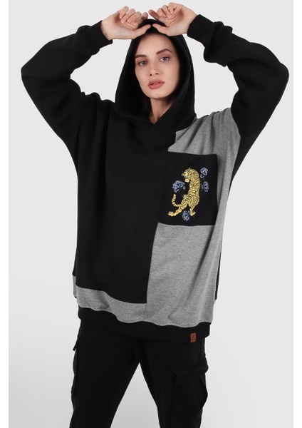 Oversize Renk Bloklu Kapüşonlu Sweatshirt (E20-152703)