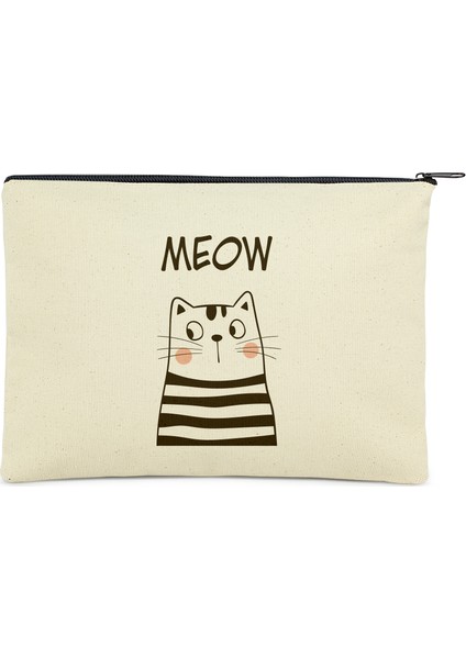 Meow Baskılı Clutch Bez Çanta | (25X17)