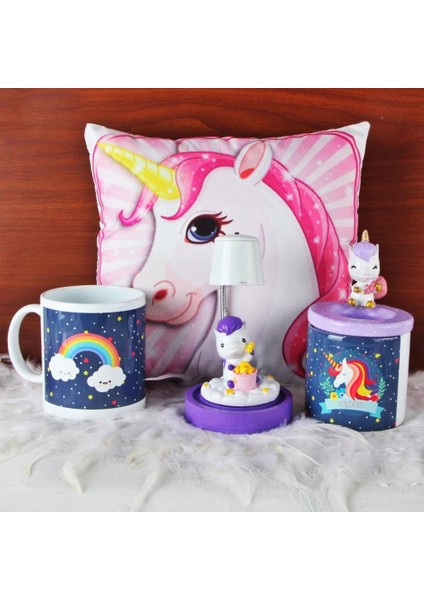 Unicorn Işıklı Biblo Masa Gece Lambası Unicorn Puf Yastık Kalemlik Unicorn Kupa Hediye Seti