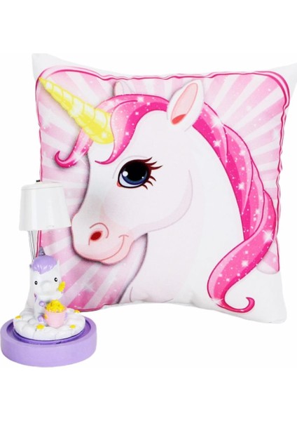 Unicorn Işıklı Biblo Masa Gece Lambası Unicorn Puf Yastık Hediye Seti