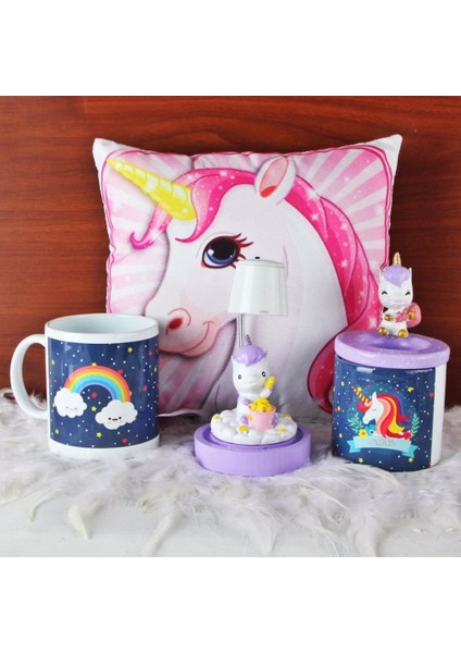 Unicorn Işıklı Biblo Masa Gece Lambası Unicorn Puf Yastık Kalemlik Unicorn Kupa Hediye Seti