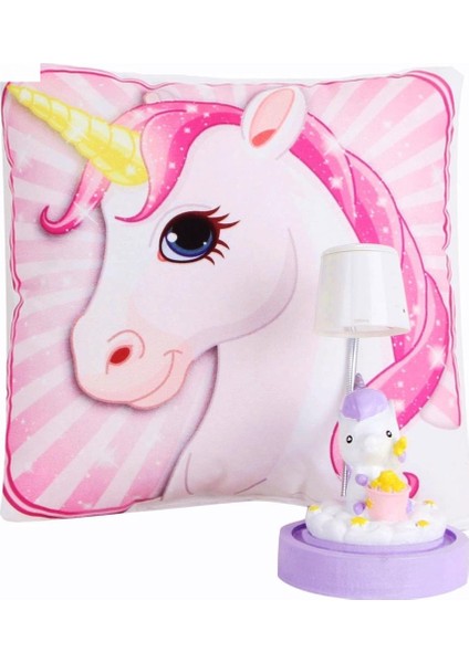 Pembe Unicorn Tasarımlı Puf Yastık Sevimli Unicorn Masa Gece Lambası Işıklı Biblo Hediye Seti