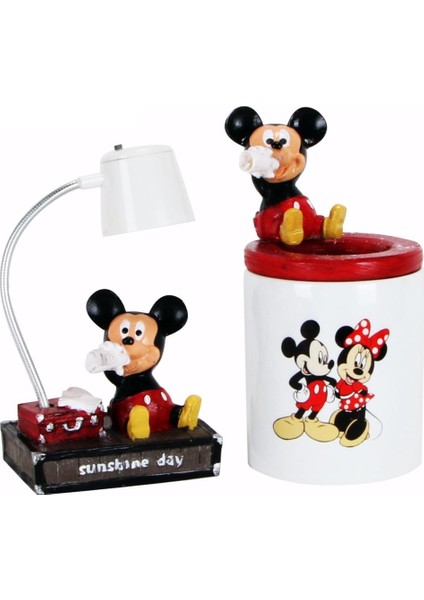 Mickey Mouse Işıklı Biblo Masa Gece Lambası Mickey Mouse Minnie Mouse Kalemlik Hediye Seti