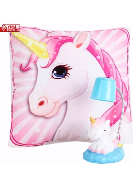 Pembe Unicorn Tasarımlı Puf Yastık Ponçik Unicorn Masa Gece Lambası Işıklı Biblo Hediye Seti
