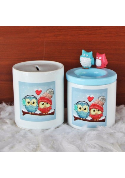 Aşık Baykuşlar Tasarımlı Kumbara Baykuş Biblolu Kalemlik Hediye Seti