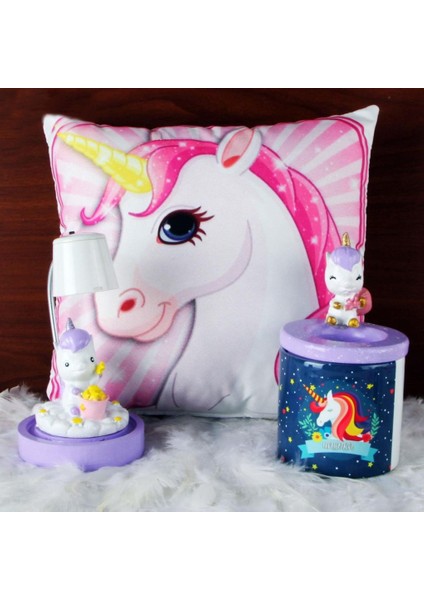 Gökkuşağı Unicorn Kumbara Unicorn Işıklı Biblo Masa Gece Lambası Puf Yastık Hediye Seti