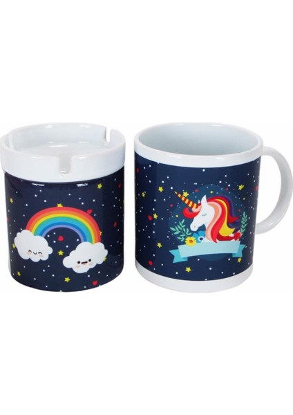 Gülümseyen Gökkuşağı Unicorn Küllük Unicorn Kupa Hediye Seti
