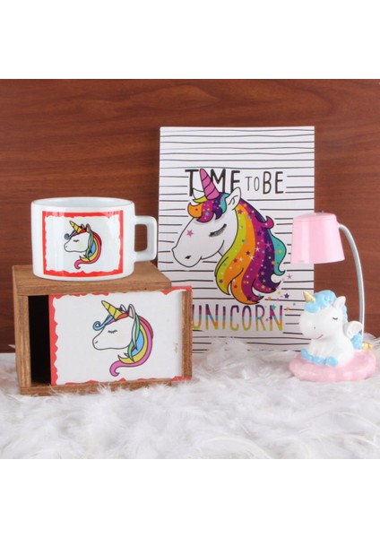 Unicorn Tasarımlı Ahşap Doğal Kutulu Kupa Unicorn Işıklı Biblo Hatıra Defteri Hediye Seti