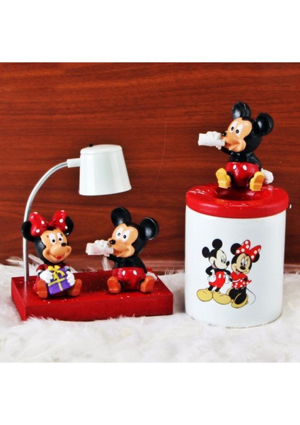 Mickey Mouse Minnie Mouse Işıklı Biblo Masa Gece Lambası Mickey Biblolu Kalemlik Hediye Seti