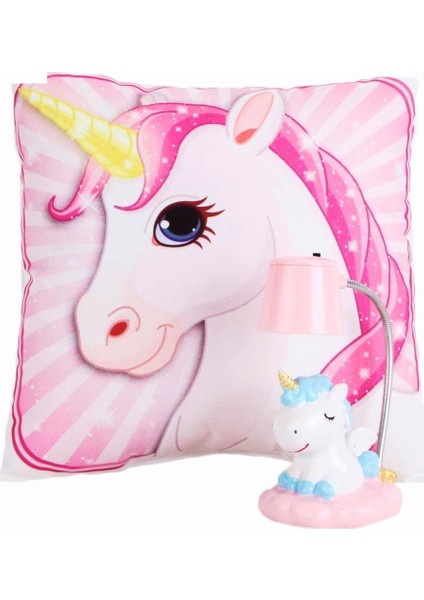 Pembe Unicorn Tasarımlı Puf Yastık Ponçik Unicorn Masa Gece Lambası Işıklı Biblo Hediye Seti