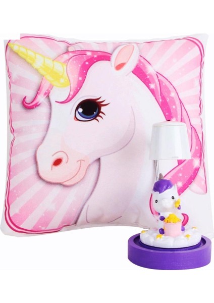 Pembe Unicorn Tasarımlı Puf Yastık Sevimli Unicorn Masa Gece Lambası Işıklı Biblo Hediye Seti