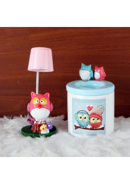 Aşık Baykuşlar Temalı Baykuş Biblolu Tasarım Kalemlik Baykuş Masa Gece Lambası Hediye Seti