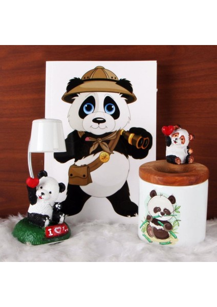 Panda Tasarımlı Günlük Defter Kalemlik Panda Işıklı Biblo Masa Gece Lambası Hediye Seti